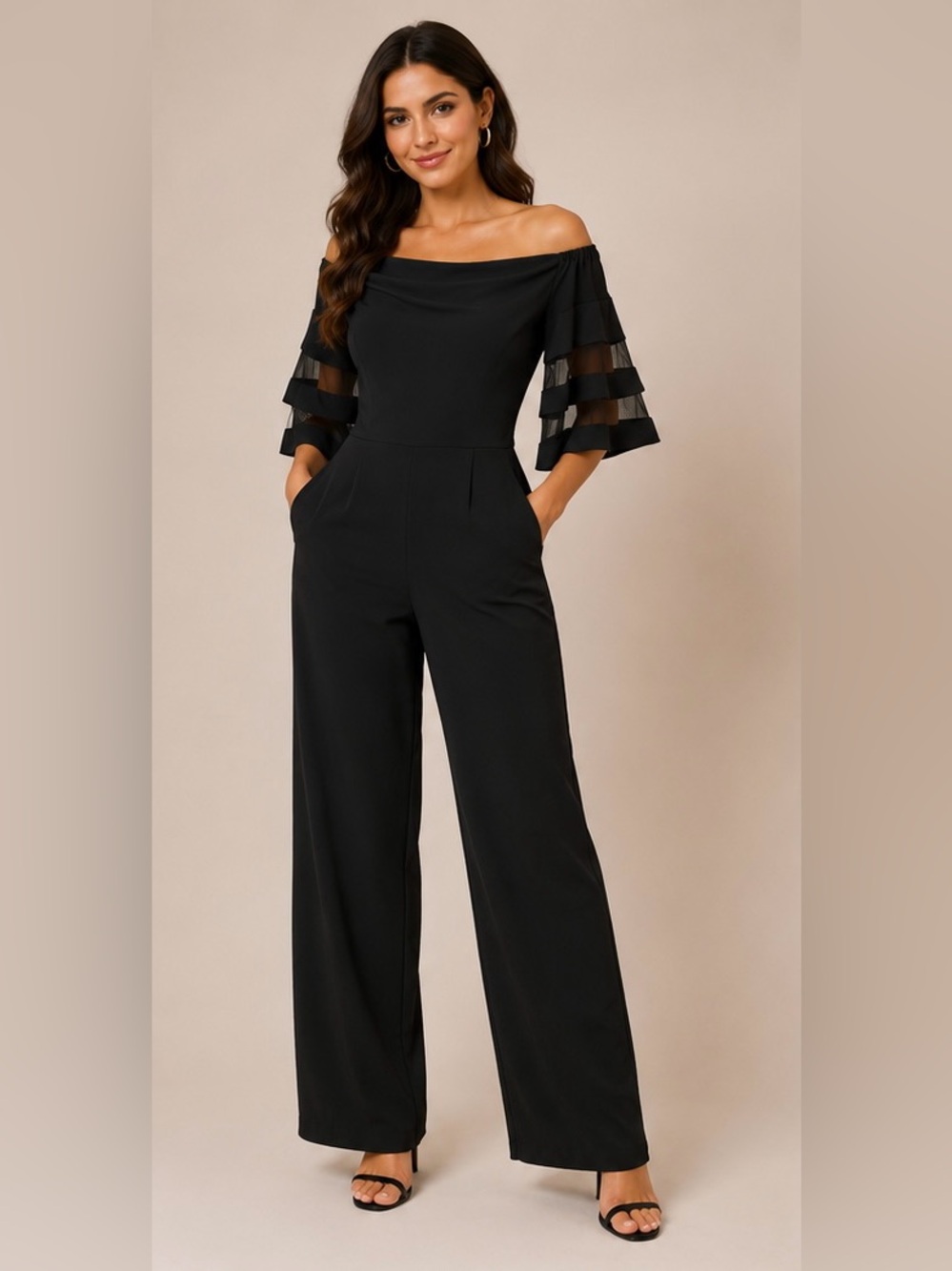 Premier Amour Off-Shoulder Black  Jumpsuit with Tiered Sheer Sleeves